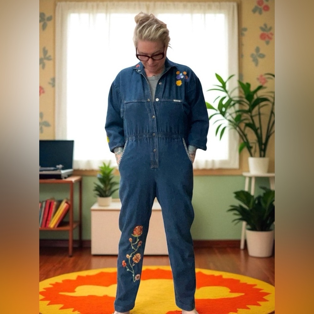 Hand embroidered Dreams custom Blue Denim Mechanic Jumpsuit Coveralls